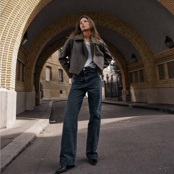 Faux shearling cropped biker jacket brown - Picture 1 of 6